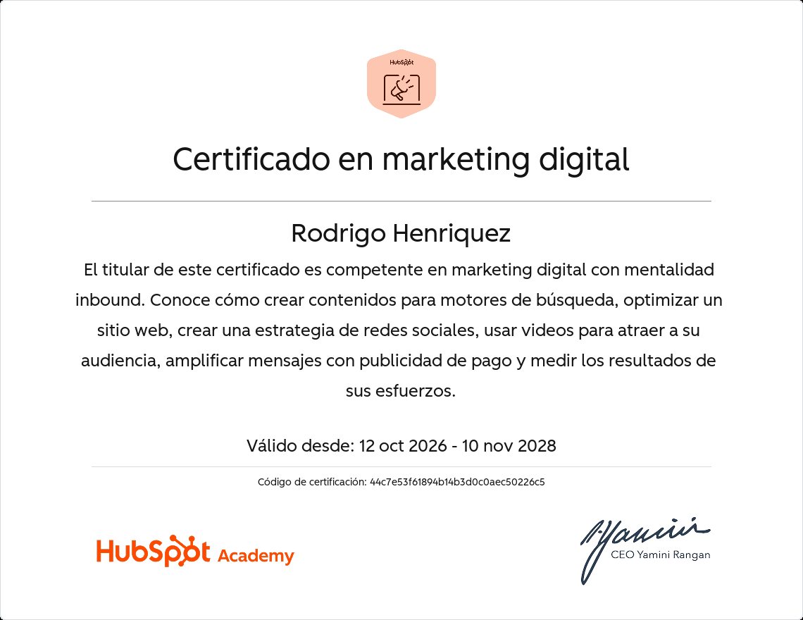 Certificado en marketing digital de HubSpot Academy a nombre de Rodrigo Henríquez